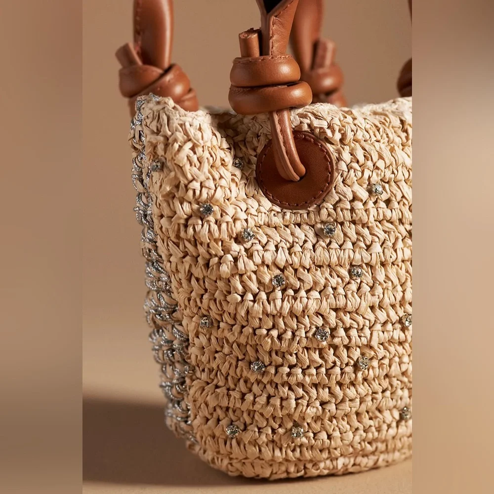Anthropologie Maeve Rhinestone Raffia Mini Bag Day to Night Woven Beach Resort - Picture 3 of 10